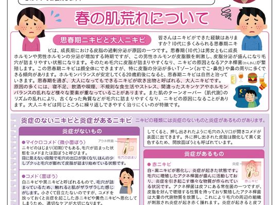 名古屋市の南区の整体、腰痛や骨盤矯正で人気の「ほほえみ整体院」の健康情報！　『健康だより202１年５月号（春の肌荒れについて）』
